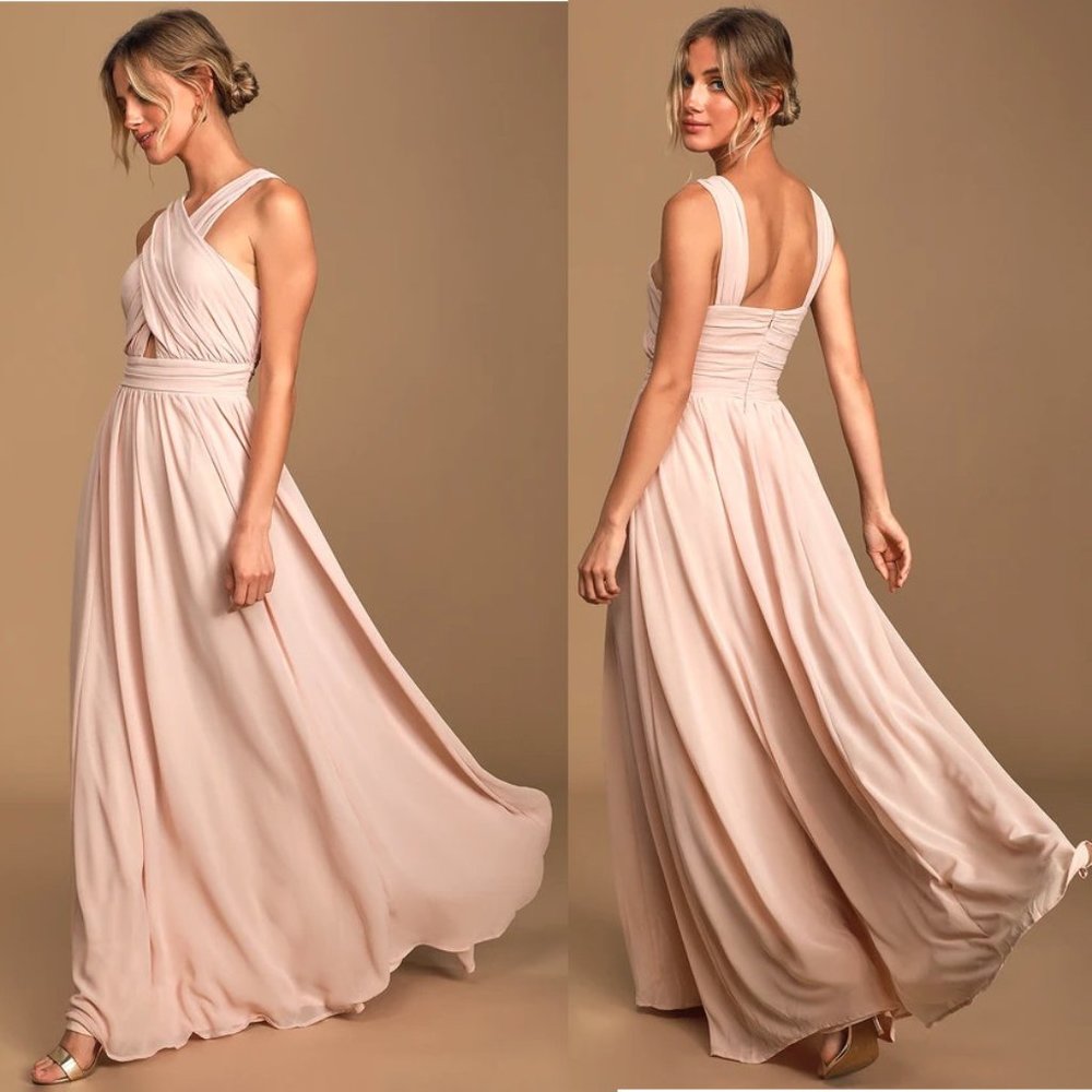 Lulu's Divine Inspiration Crossover Halter Chiffon Bridesmaid Maxi Dress Blush